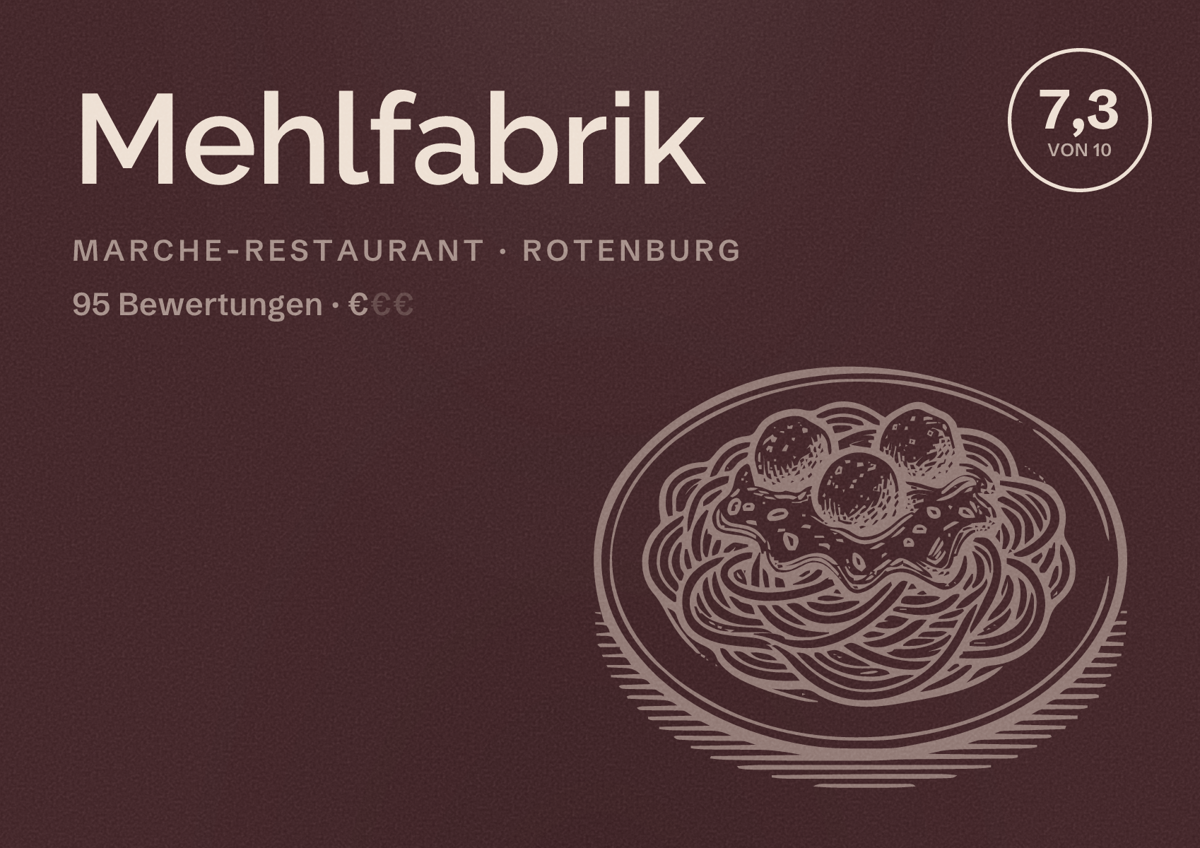 Illustriertes Poster von Mehlfabrik, Marche-Restaurant in Rotenburg: Bewertung 7,3 von 10 aus 95 Bewertungen, Preisniveau €