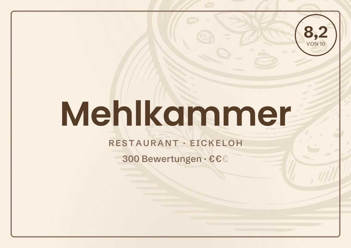 Illustriertes Poster von Mehlkammer, Restaurant in Eickeloh: Bewertung 8,2 von 10 aus 300 Bewertungen, Preisniveau €€