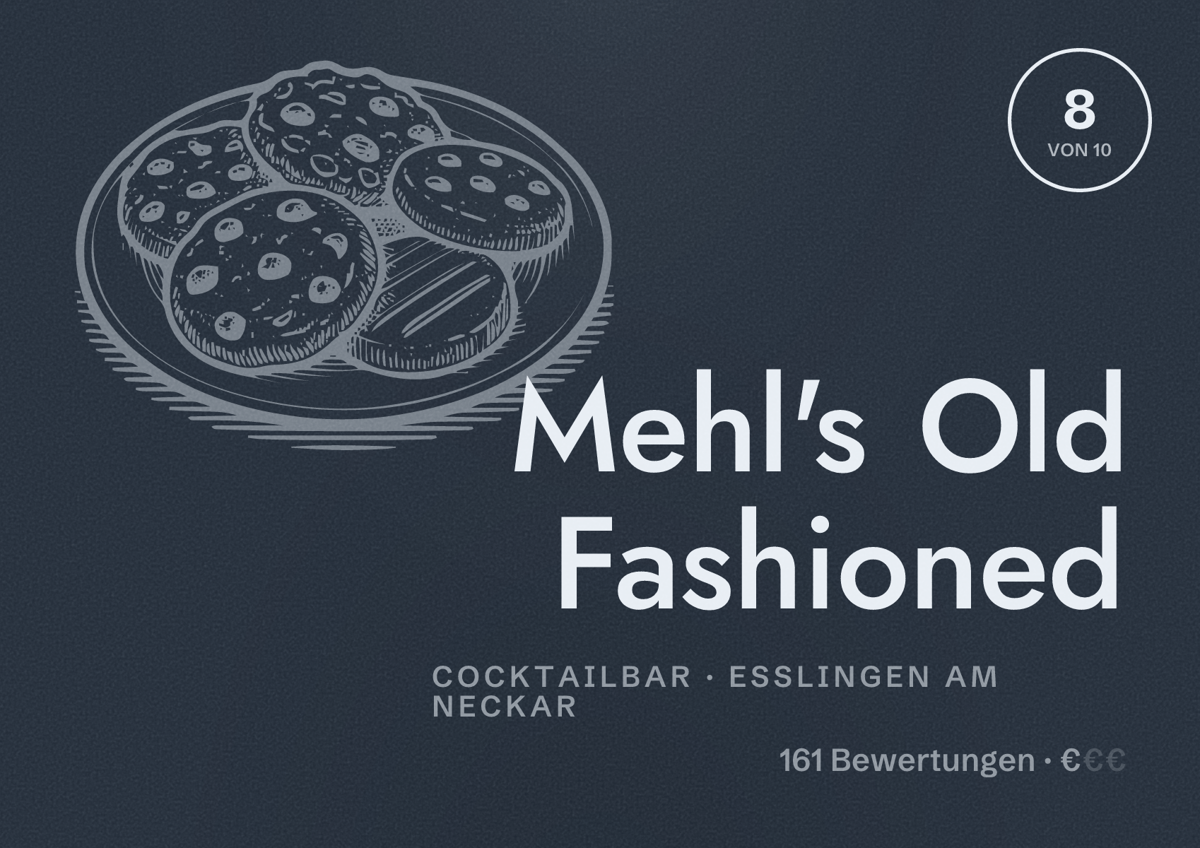 Illustriertes Poster von Mehl's Old Fashioned, Cocktailbar in Esslingen am Neckar: Bewertung 8 von 10 aus 161 Bewertungen, Preisniveau €