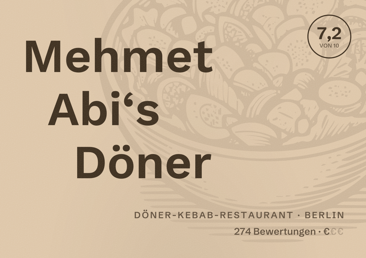 Illustriertes Poster von Mehmet Abi‘s Döner, Döner-Kebab-Restaurant in Berlin: Bewertung 7,2 von 10 aus 274 Bewertungen, Preisniveau €