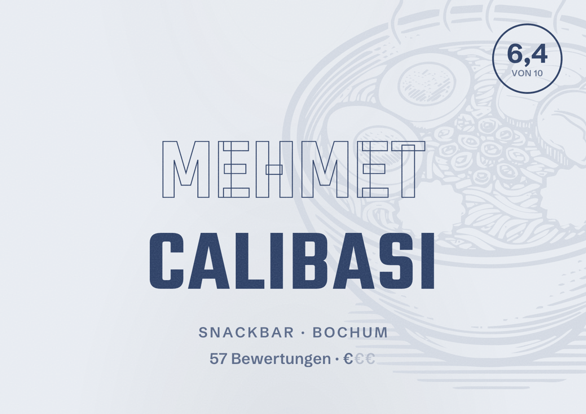 Illustriertes Poster von Mehmet Calibasi, Snackbar in Bochum: Bewertung 6,4 von 10 aus 57 Bewertungen, Preisniveau €