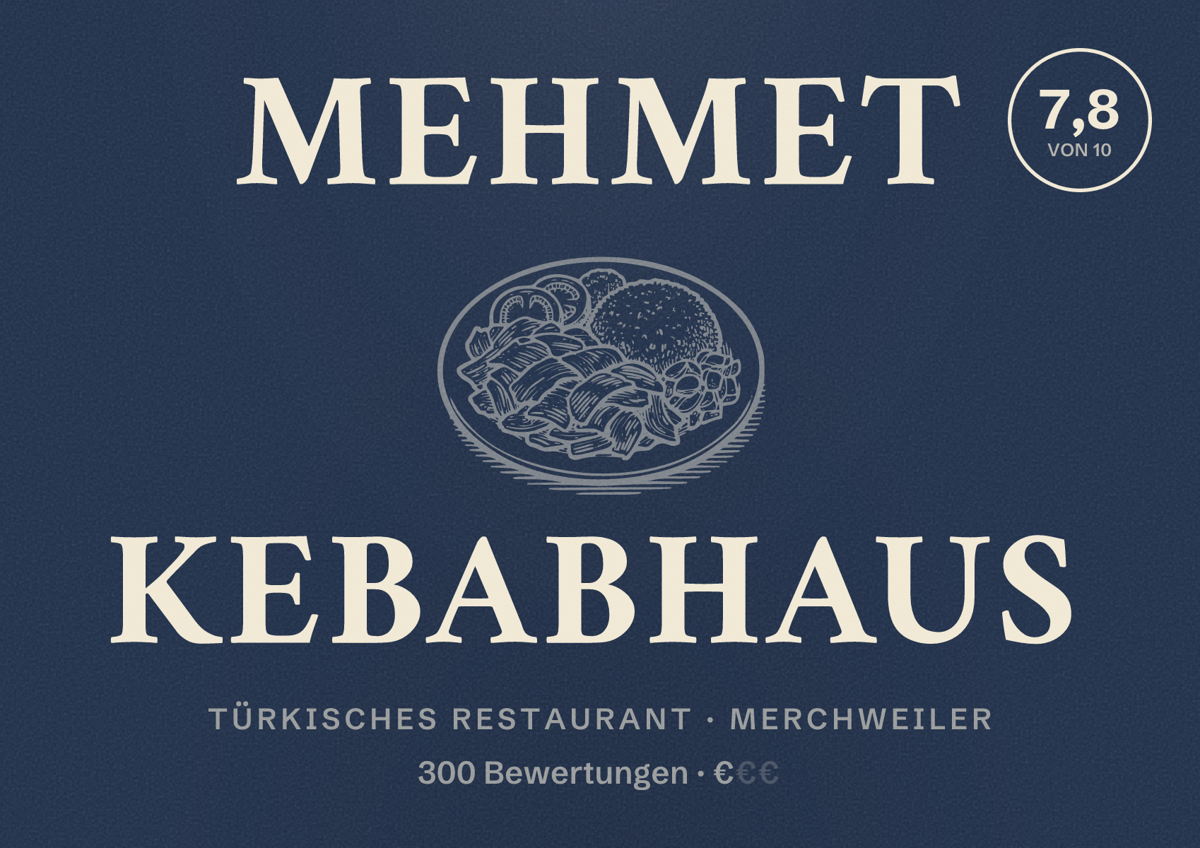 Illustriertes Poster von Mehmet Kebabhaus, Türkisches Restaurant in Merchweiler: Bewertung 7,8 von 10 aus 300 Bewertungen, Preisniveau €