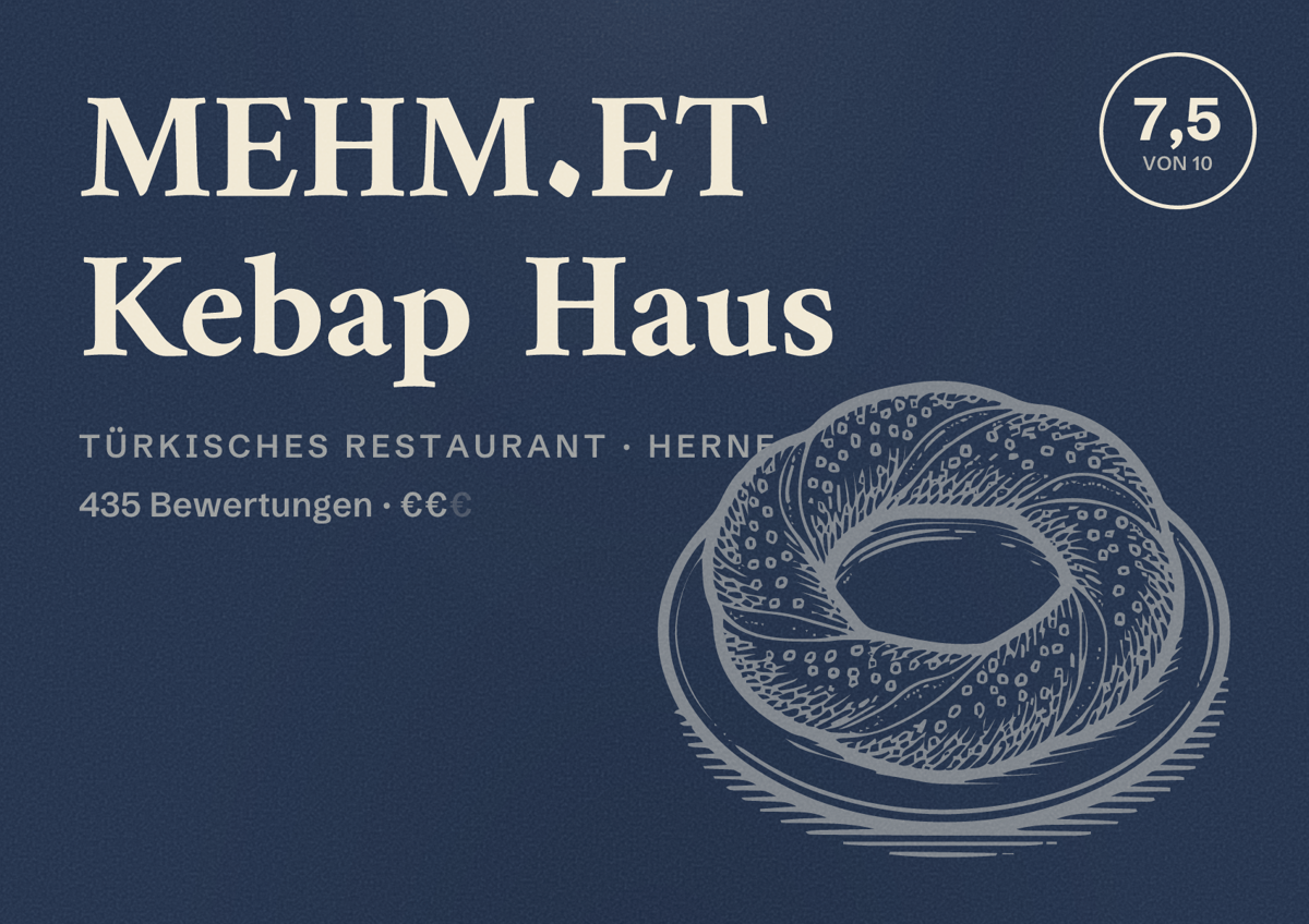 Illustriertes Poster von MEHM.ET Kebap Haus, Türkisches Restaurant in Herne: Bewertung 7,5 von 10 aus 435 Bewertungen, Preisniveau €€