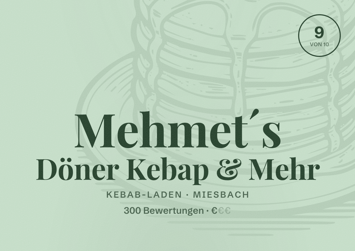 Illustriertes Poster von Mehmet´s Döner Kebap & Mehr, Kebab-Laden in Miesbach: Bewertung 9 von 10 aus 300 Bewertungen, Preisniveau €