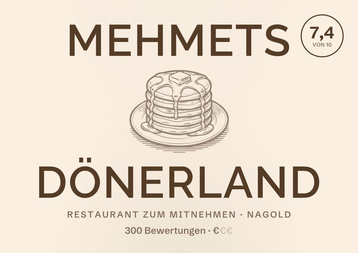Illustriertes Poster von Mehmets Dönerland, Restaurant zum Mitnehmen in Nagold: Bewertung 7,4 von 10 aus 300 Bewertungen, Preisniveau €