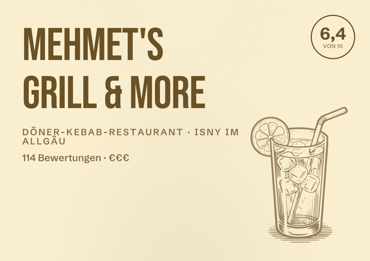 Illustriertes Poster von Mehmet'S Grill & More, Döner-Kebab-Restaurant in Isny im Allgäu: Bewertung 6,4 von 10 aus 114 Bewertungen, Preisniveau €€€