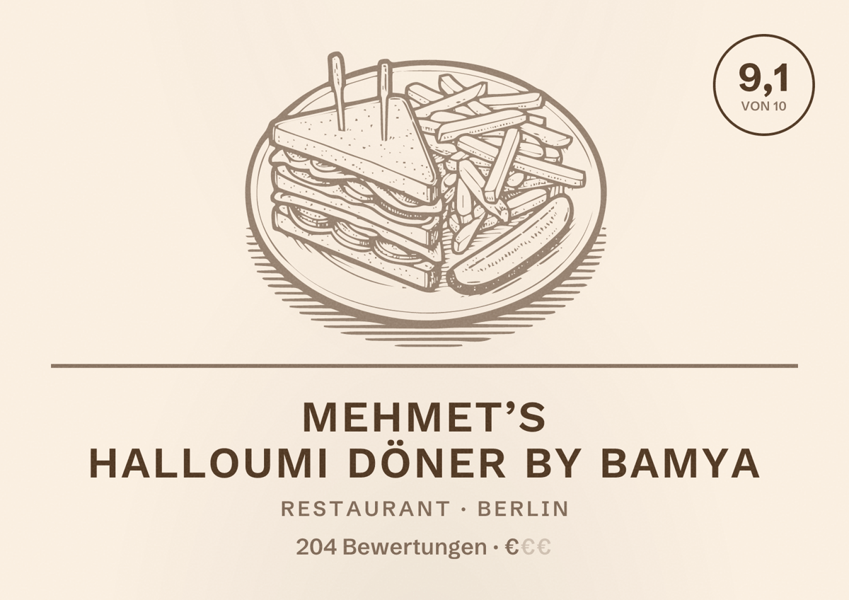 Illustriertes Poster von MEHMET’s HALLOUMI DÖNER BY BAMYA, Restaurant in Berlin: Bewertung 9,1 von 10 aus 204 Bewertungen, Preisniveau €