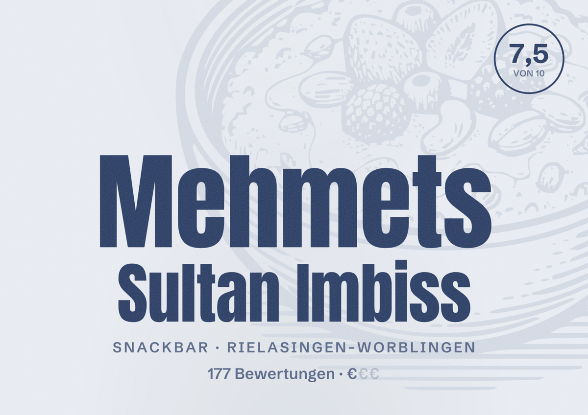 Illustriertes Poster von Mehmets Sultan Imbiss, Snackbar in Rielasingen-Worblingen: Bewertung 7,5 von 10 aus 177 Bewertungen, Preisniveau €