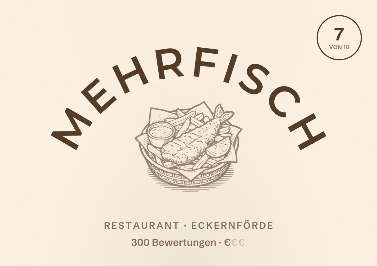 Illustriertes Poster von Mehrfisch, Restaurant in Eckernförde: Bewertung 7 von 10 aus 300 Bewertungen, Preisniveau €