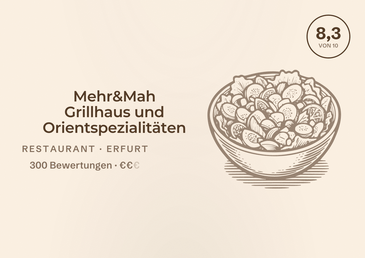 Illustriertes Poster von Mehr&Mah Grillhaus und Orientspezialitäten, Restaurant in Erfurt: Bewertung 8,3 von 10 aus 300 Bewertungen, Preisniveau €€