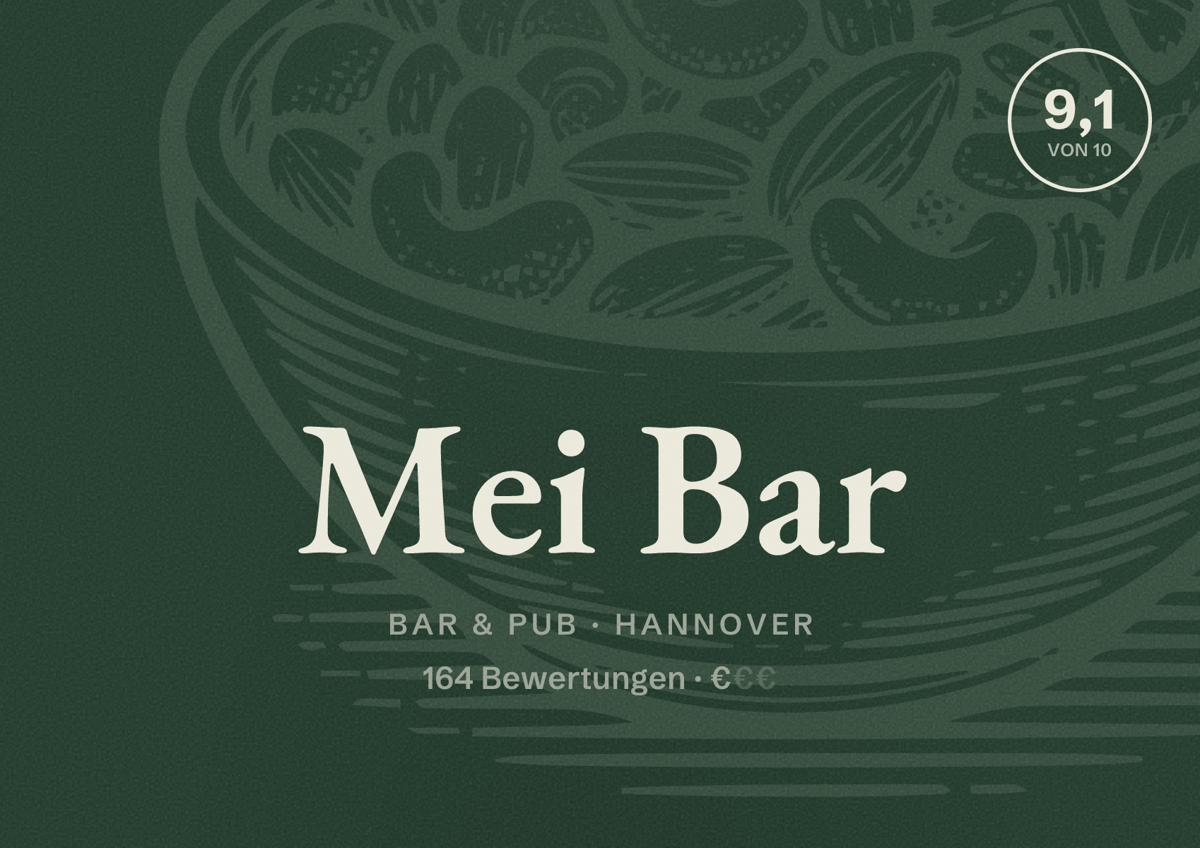 Illustriertes Poster von Mei Bar, Bar & Pub in Hannover: Bewertung 9,1 von 10 aus 164 Bewertungen, Preisniveau €