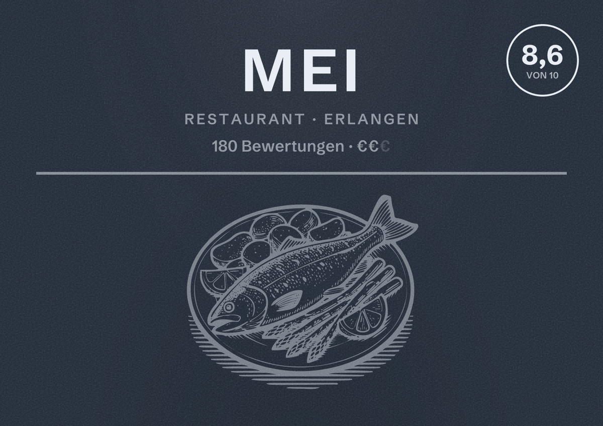 Illustriertes Poster von Mei, Restaurant in Erlangen: Bewertung 8,6 von 10 aus 180 Bewertungen, Preisniveau €€