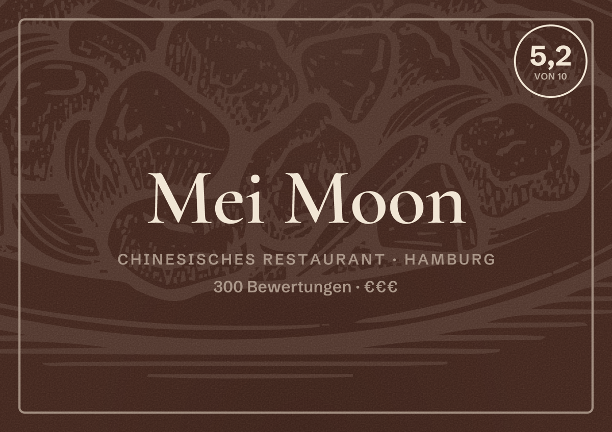 Illustriertes Poster von Mei Moon, Chinesisches Restaurant in Hamburg: Bewertung 5,2 von 10 aus 300 Bewertungen, Preisniveau €€€