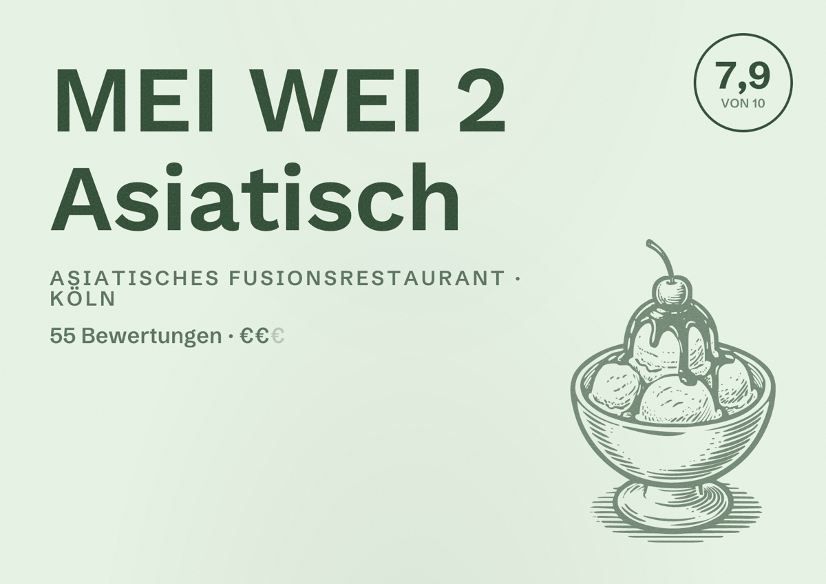 Illustriertes Poster von MEI WEI 2 Asiatisch, Asiatisches Fusionsrestaurant in Köln: Bewertung 7,9 von 10 aus 55 Bewertungen, Preisniveau €€