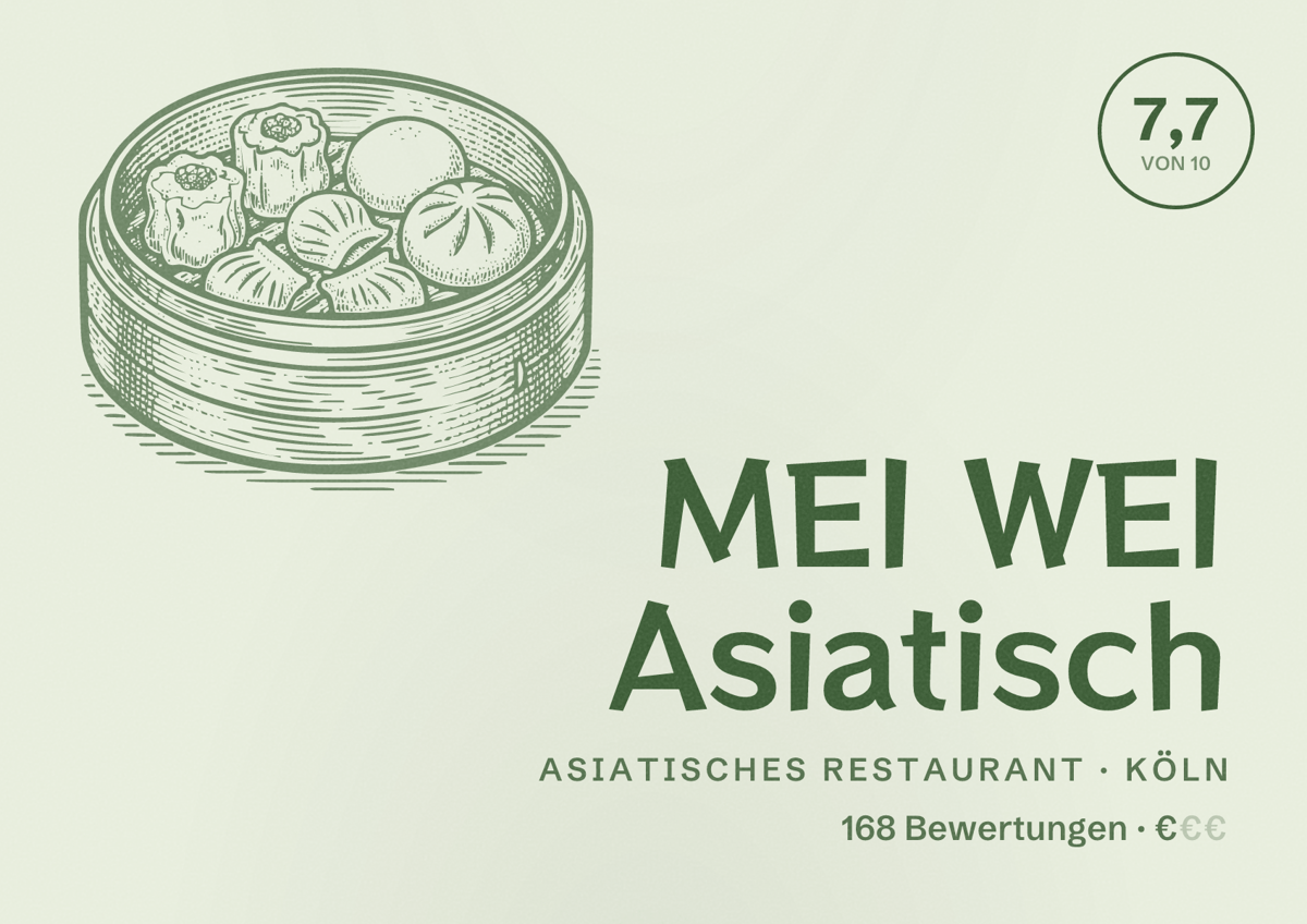 Illustriertes Poster von MEI WEI Asiatisch, Asiatisches Restaurant in Köln: Bewertung 7,7 von 10 aus 168 Bewertungen, Preisniveau €
