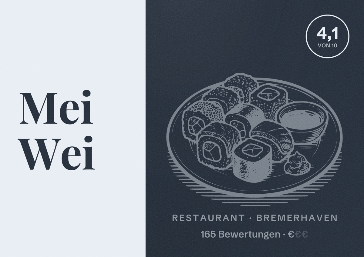 Illustriertes Poster von Mei Wei, Restaurant in Bremerhaven: Bewertung 4,1 von 10 aus 165 Bewertungen, Preisniveau €