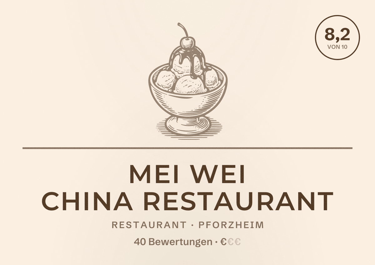 Illustriertes Poster von Mei Wei China Restaurant, Restaurant in Pforzheim: Bewertung 8,2 von 10 aus 40 Bewertungen, Preisniveau €