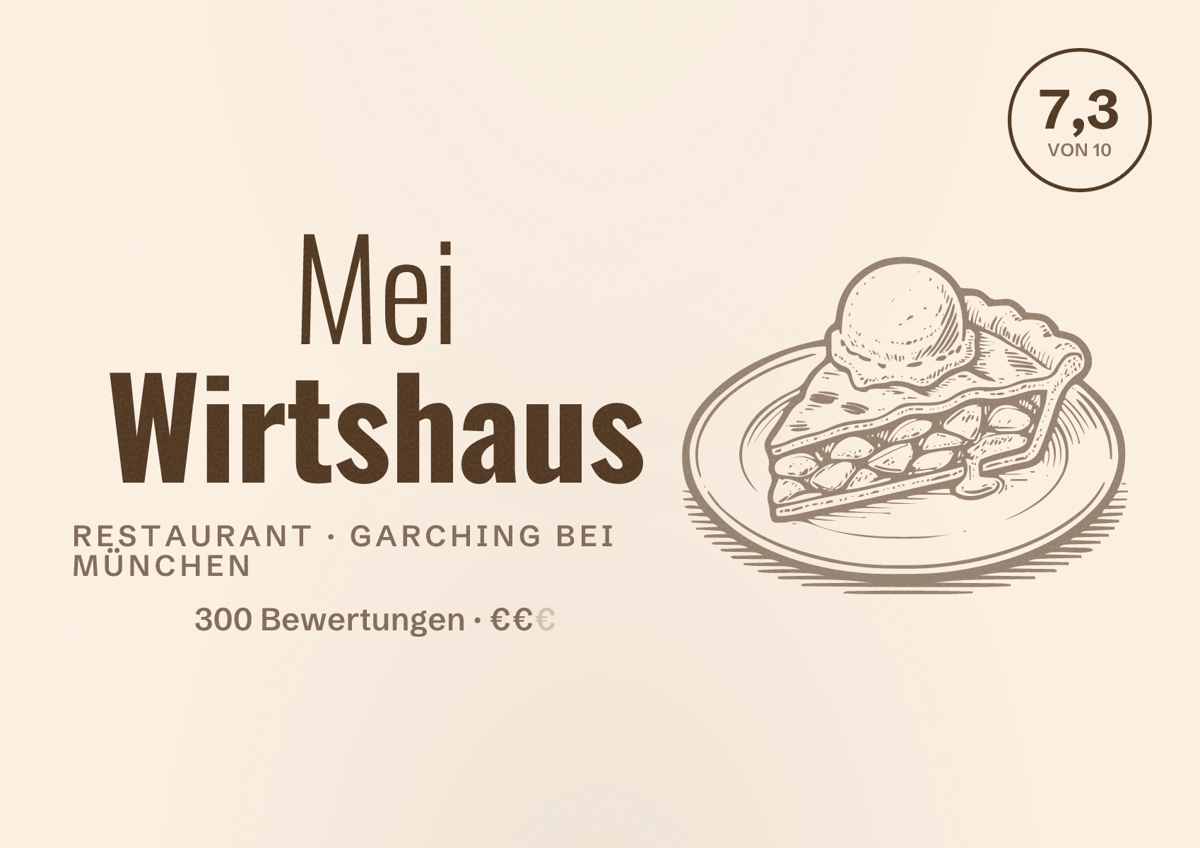 Illustriertes Poster von Mei Wirtshaus, Restaurant in Garching bei München: Bewertung 7,3 von 10 aus 300 Bewertungen, Preisniveau €€