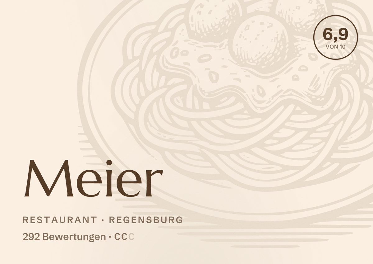 Illustriertes Poster von Meier, Restaurant in Regensburg: Bewertung 6,9 von 10 aus 292 Bewertungen, Preisniveau €€