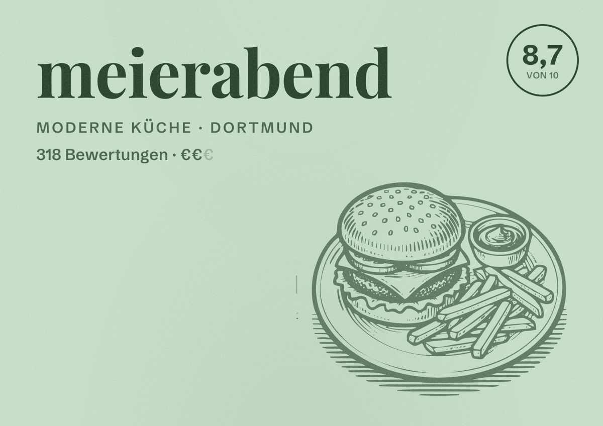 Illustriertes Poster von meierabend, Moderne Küche in Dortmund: Bewertung 8,7 von 10 aus 318 Bewertungen, Preisniveau €€
