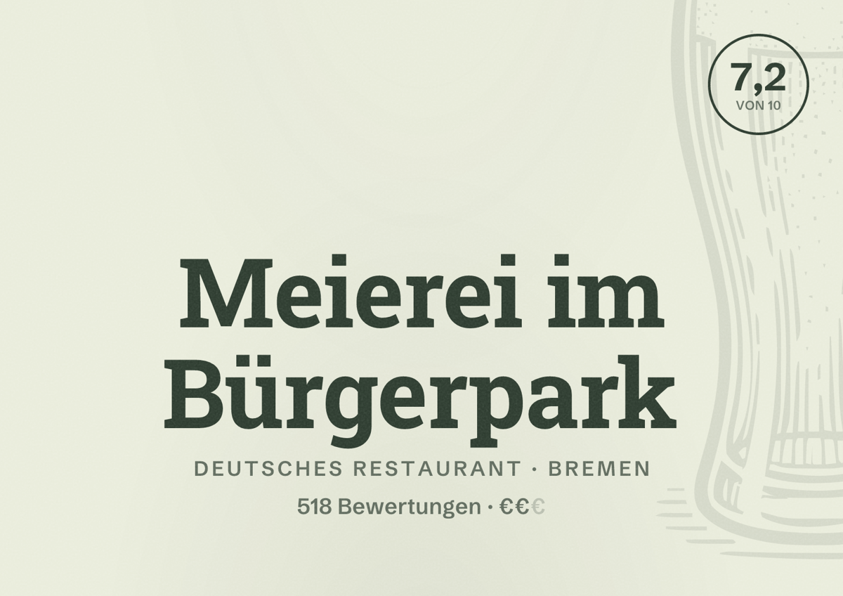Illustriertes Poster von Meierei im Bürgerpark, Deutsches Restaurant in Bremen: Bewertung 7,2 von 10 aus 518 Bewertungen, Preisniveau €€