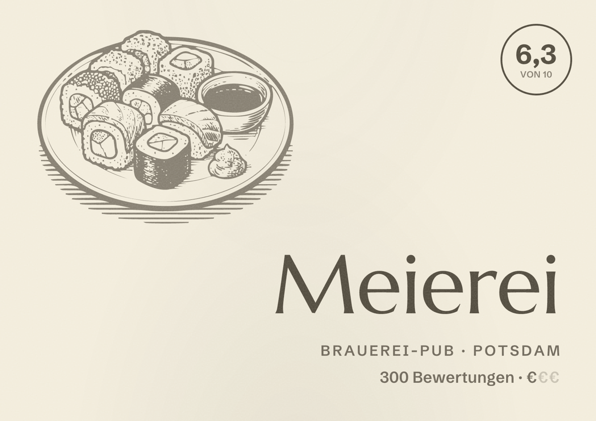 Illustriertes Poster von Meierei, Brauerei-Pub in Potsdam: Bewertung 6,3 von 10 aus 300 Bewertungen, Preisniveau €