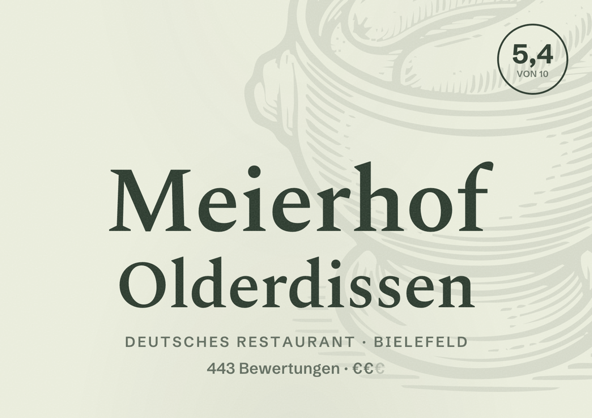 Illustriertes Poster von Meierhof Olderdissen, Deutsches Restaurant in Bielefeld: Bewertung 5,4 von 10 aus 443 Bewertungen, Preisniveau €€