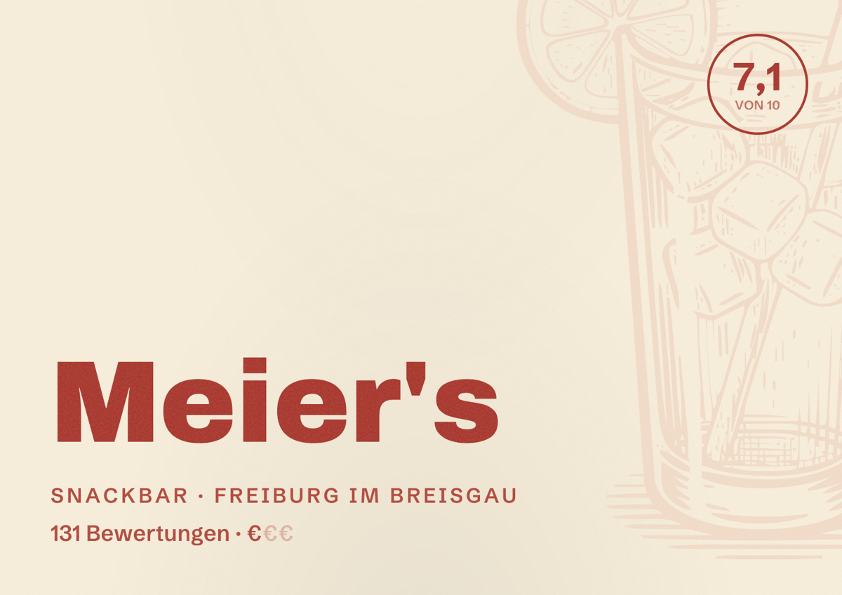 Illustriertes Poster von Meier's, Snackbar in Freiburg im Breisgau: Bewertung 7,1 von 10 aus 131 Bewertungen, Preisniveau €