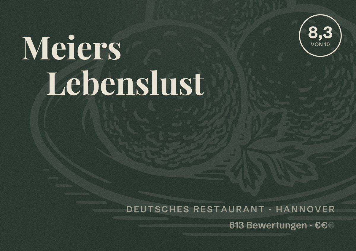 Illustriertes Poster von Meiers Lebenslust, Deutsches Restaurant in Hannover: Bewertung 8,3 von 10 aus 613 Bewertungen, Preisniveau €€