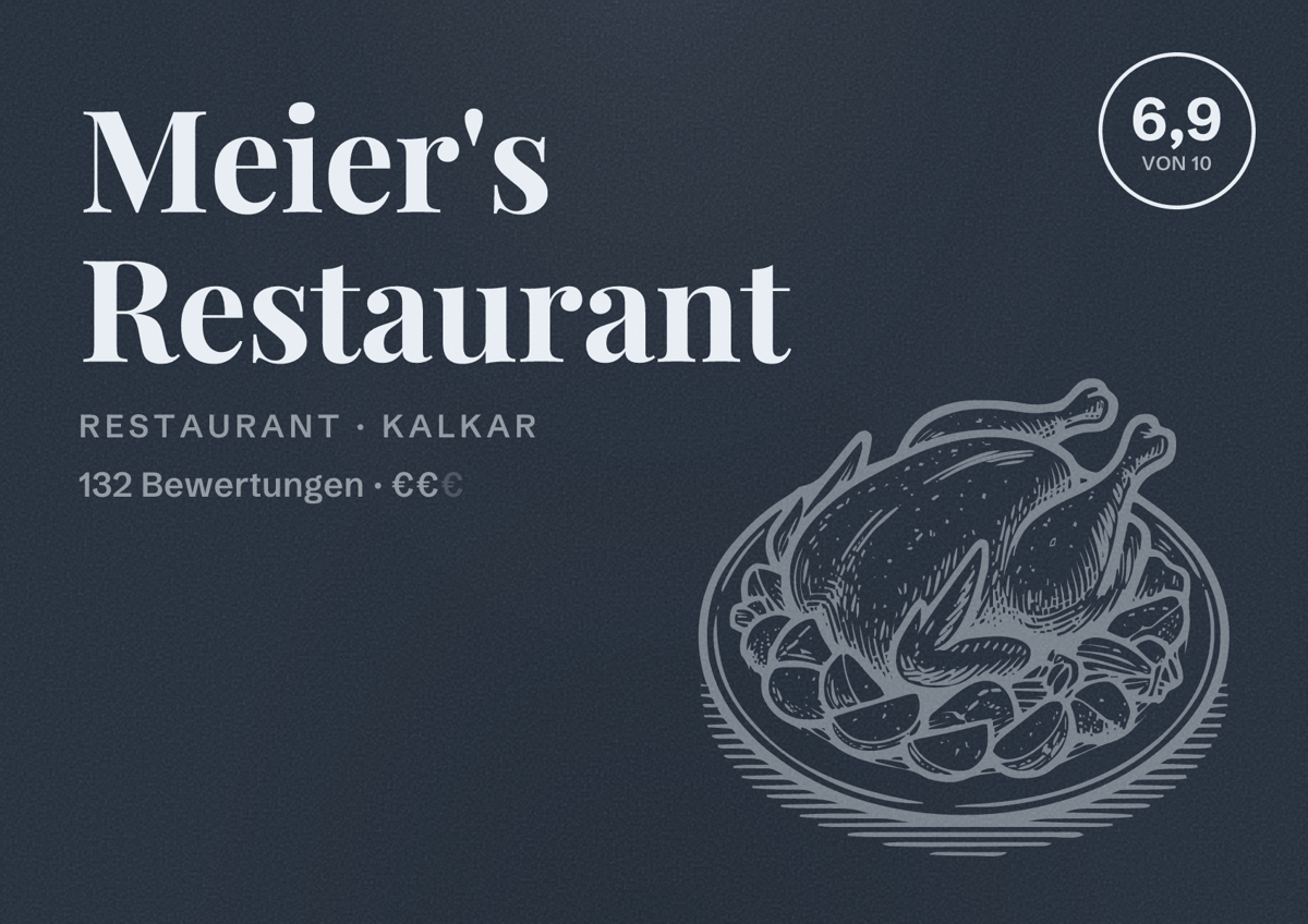 Illustriertes Poster von Meier's Restaurant, Restaurant in Kalkar: Bewertung 6,9 von 10 aus 132 Bewertungen, Preisniveau €€