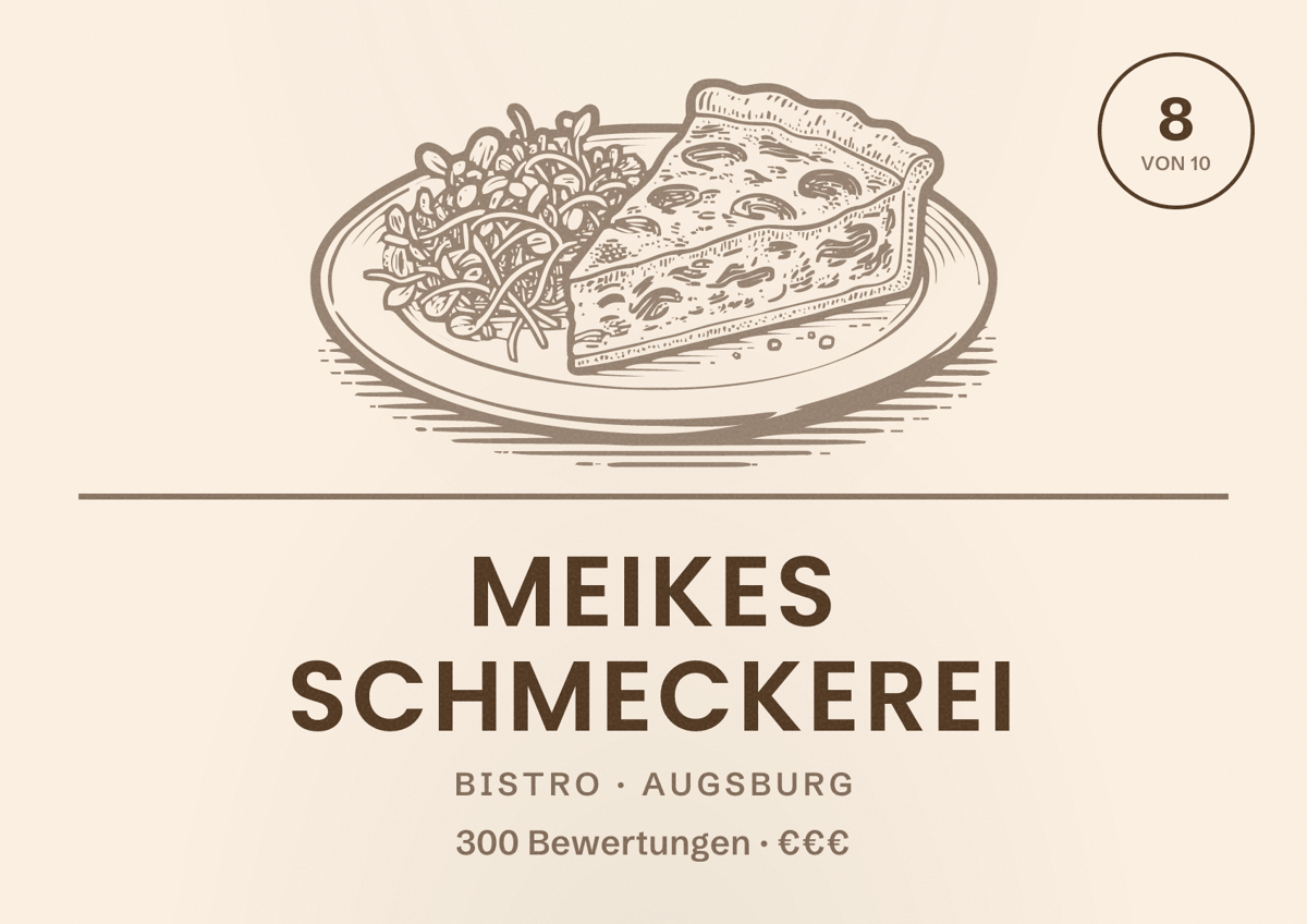 Illustriertes Poster von Meikes Schmeckerei, Bistro in Augsburg: Bewertung 8,0 von 10 aus 300 Bewertungen, Preisniveau €€€