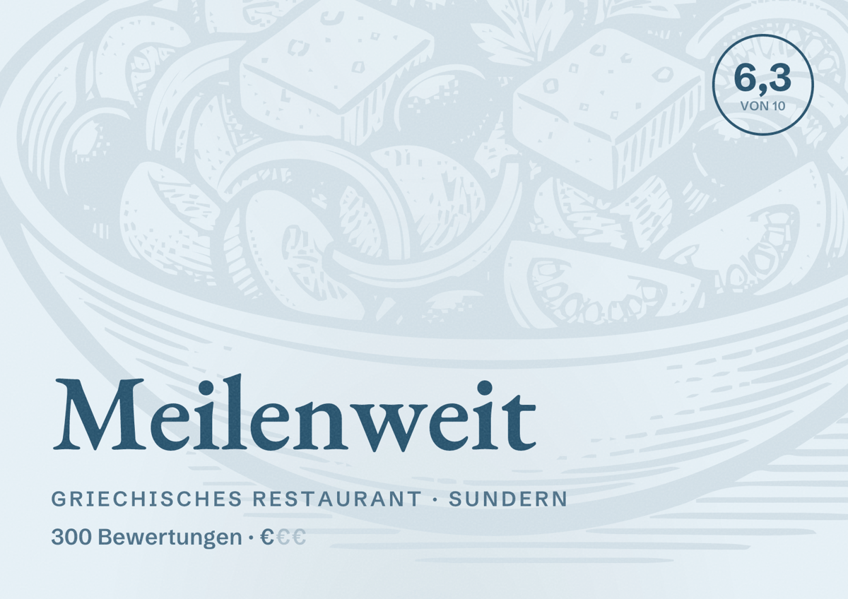 Illustriertes Poster von Meilenweit, Griechisches Restaurant in Sundern: Bewertung 6,3 von 10 aus 300 Bewertungen, Preisniveau €
