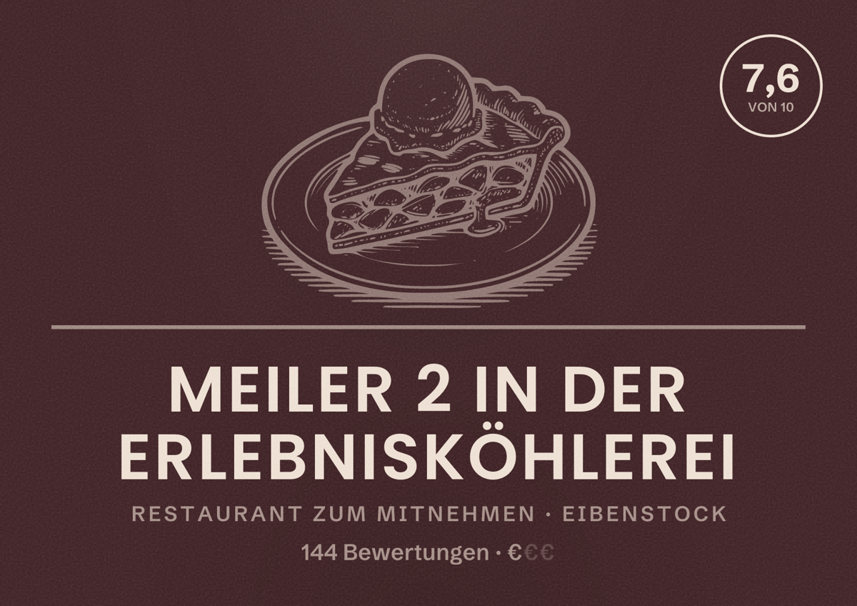 Illustriertes Poster von Meiler 2 in der Erlebnisköhlerei, Restaurant zum Mitnehmen in Eibenstock: Bewertung 7,6 von 10 aus 144 Bewertungen, Preisniveau €