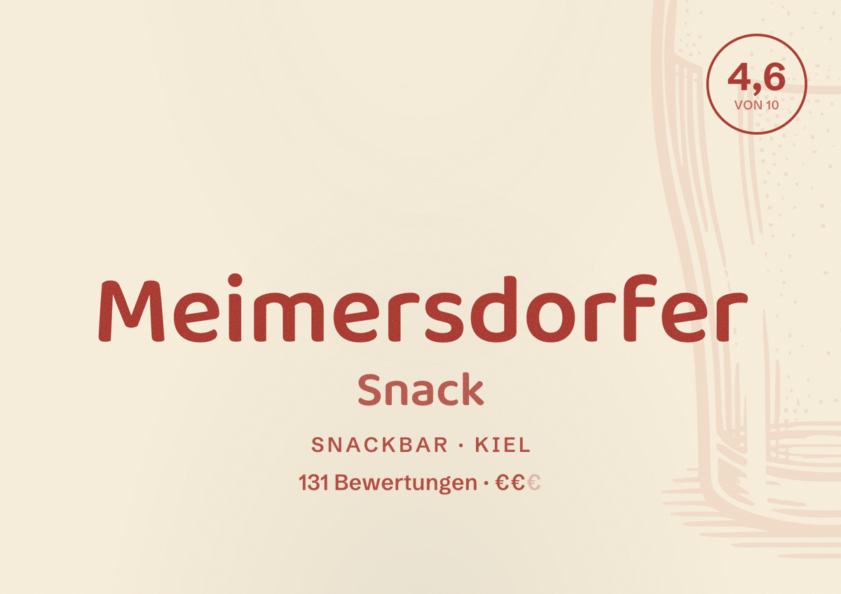 Illustriertes Poster von Meimersdorfer Snack, Snackbar in Kiel: Bewertung 4,6 von 10 aus 131 Bewertungen, Preisniveau €€