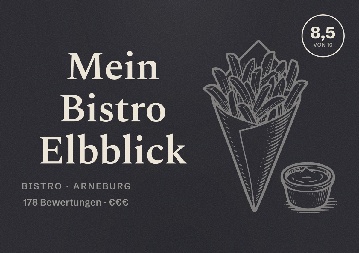 Illustriertes Poster von Mein Bistro Elbblick, Bistro in Arneburg: Bewertung 8,5 von 10 aus 178 Bewertungen, Preisniveau €€€