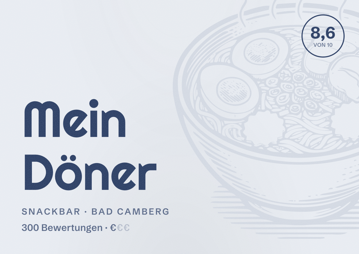Illustriertes Poster von Mein Döner, Snackbar in Bad Camberg: Bewertung 8,6 von 10 aus 300 Bewertungen, Preisniveau €
