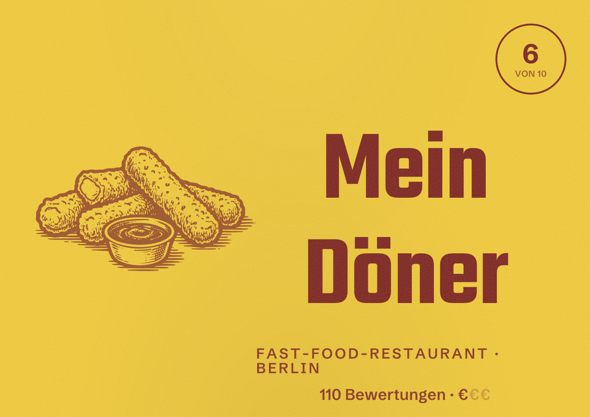 Illustriertes Poster von Mein Döner, Fast-Food-Restaurant in Berlin: Bewertung 6 von 10 aus 110 Bewertungen, Preisniveau €