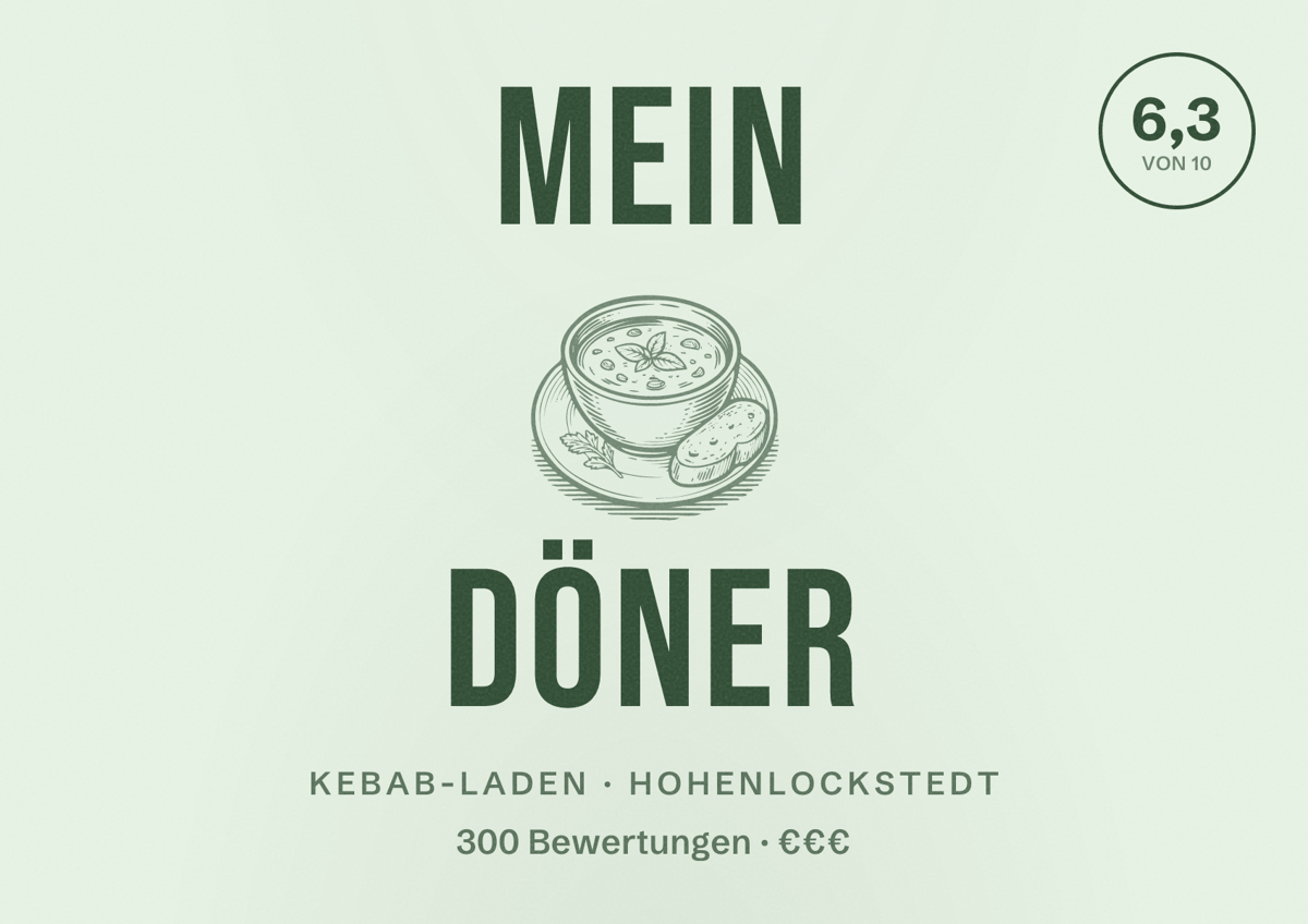 Illustriertes Poster von Mein Döner, Kebab-Laden in Hohenlockstedt: Bewertung 6,3 von 10 aus 300 Bewertungen, Preisniveau €€€