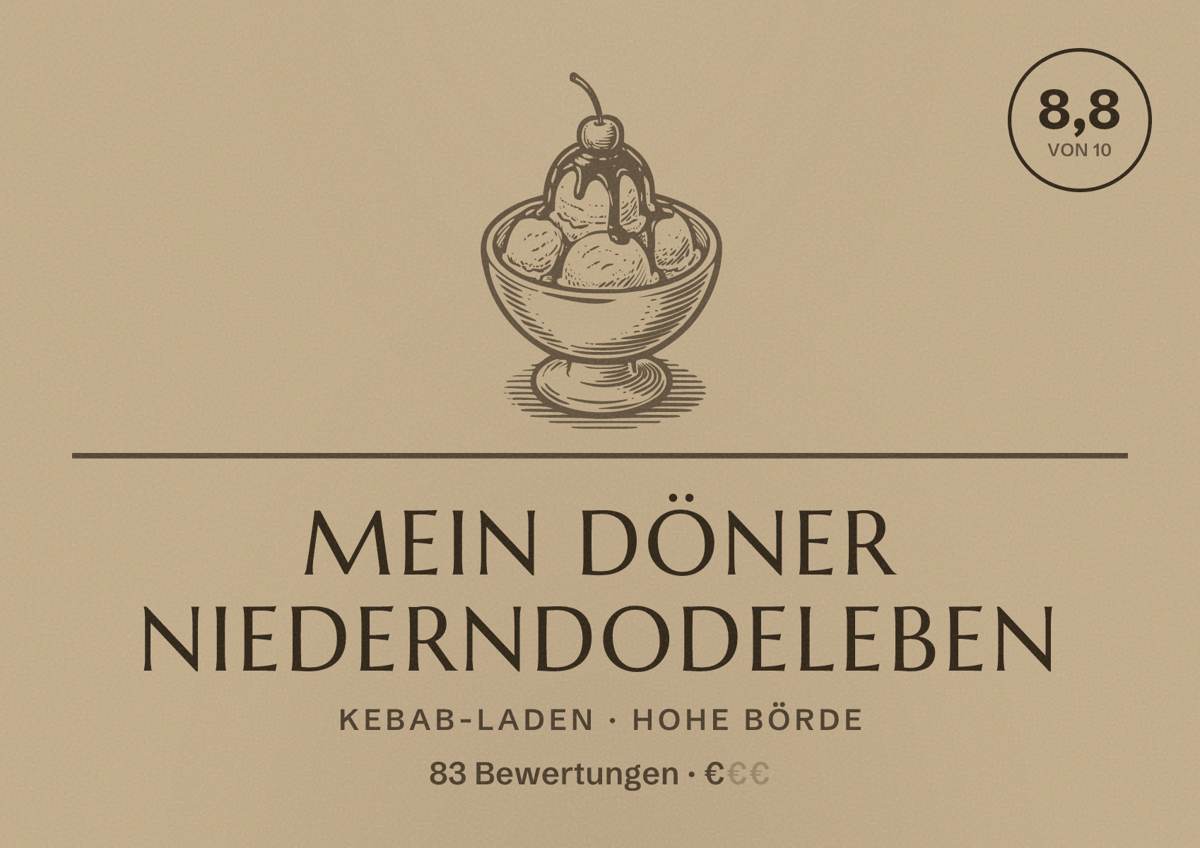 Illustriertes Poster von Mein Döner Niederndodeleben, Kebab-Laden in Hohe Börde: Bewertung 8,8 von 10 aus 83 Bewertungen, Preisniveau €