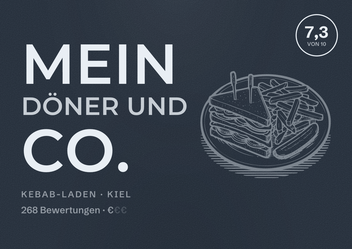 Illustriertes Poster von Mein Döner und Co., Kebab-Laden in Kiel: Bewertung 7,3 von 10 aus 268 Bewertungen, Preisniveau €