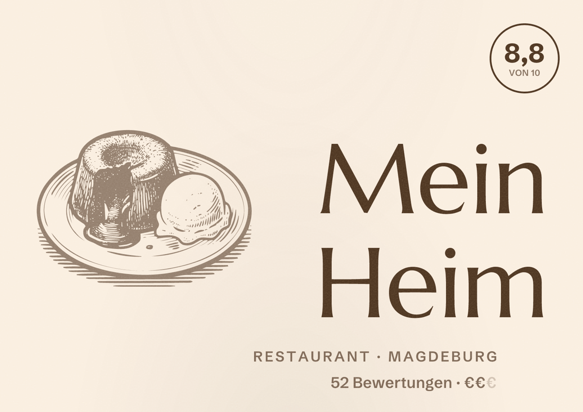 Illustriertes Poster von Mein Heim, Restaurant in Magdeburg: Bewertung 8,8 von 10 aus 52 Bewertungen, Preisniveau €€