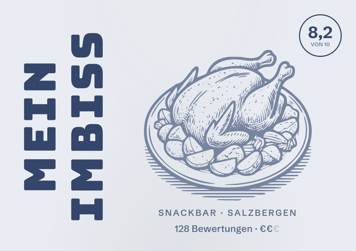 Illustriertes Poster von Mein Imbiss, Snackbar in Salzbergen: Bewertung 8,2 von 10 aus 128 Bewertungen, Preisniveau €€