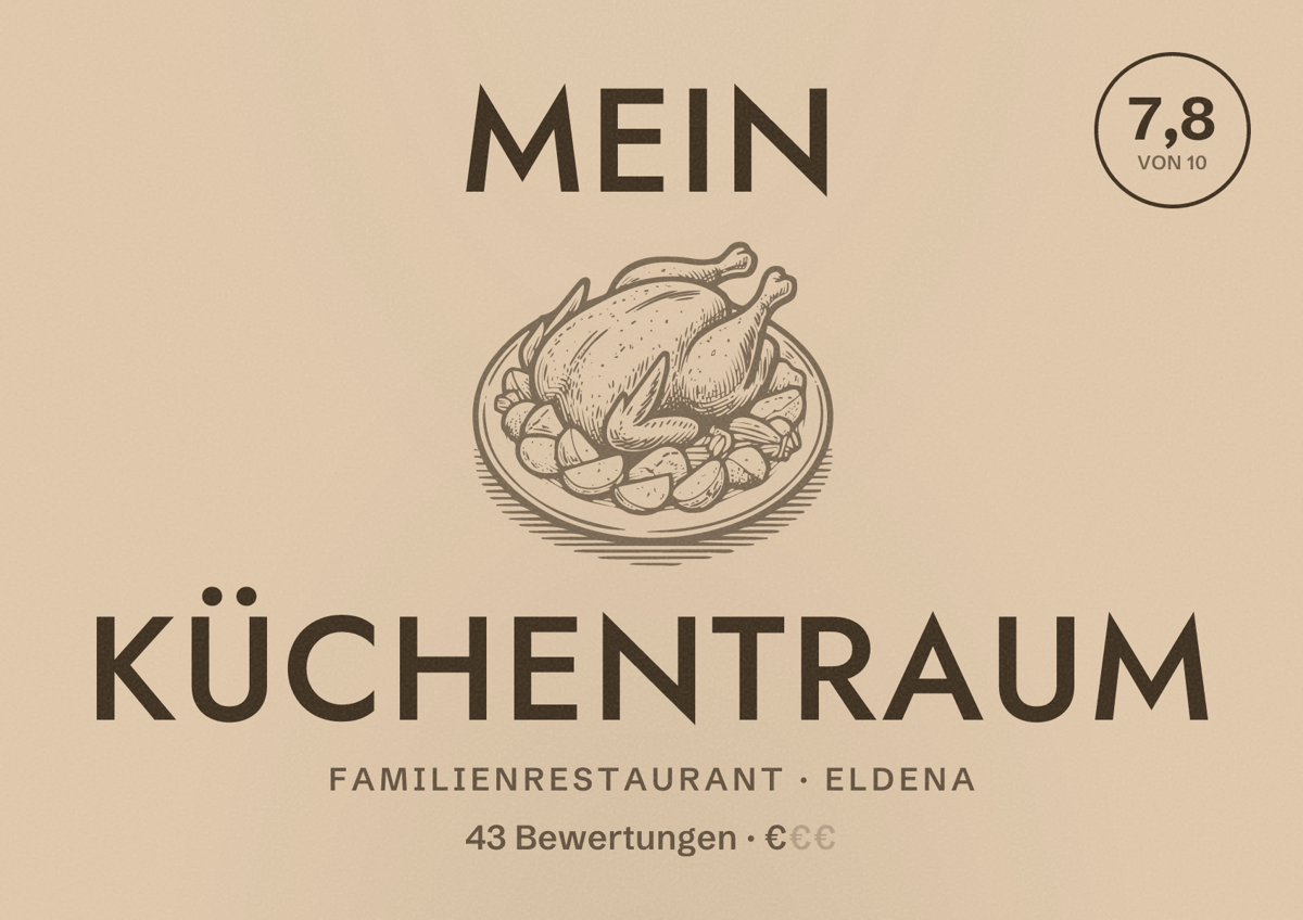 Illustriertes Poster von Mein Küchentraum, Familienrestaurant in Eldena: Bewertung 7,8 von 10 aus 43 Bewertungen, Preisniveau €