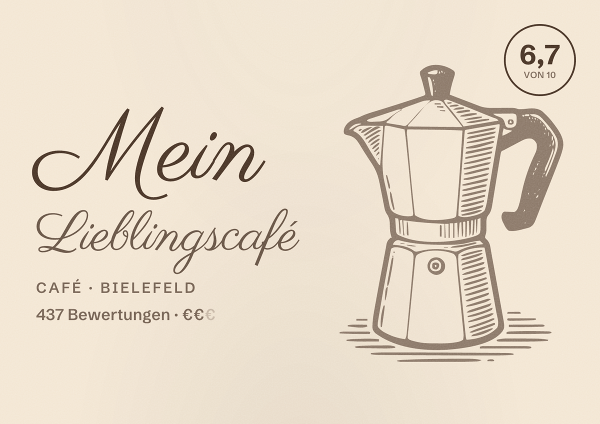 Illustriertes Poster von Mein Lieblingscafé, Café in Bielefeld: Bewertung 6,7 von 10 aus 437 Bewertungen, Preisniveau €€