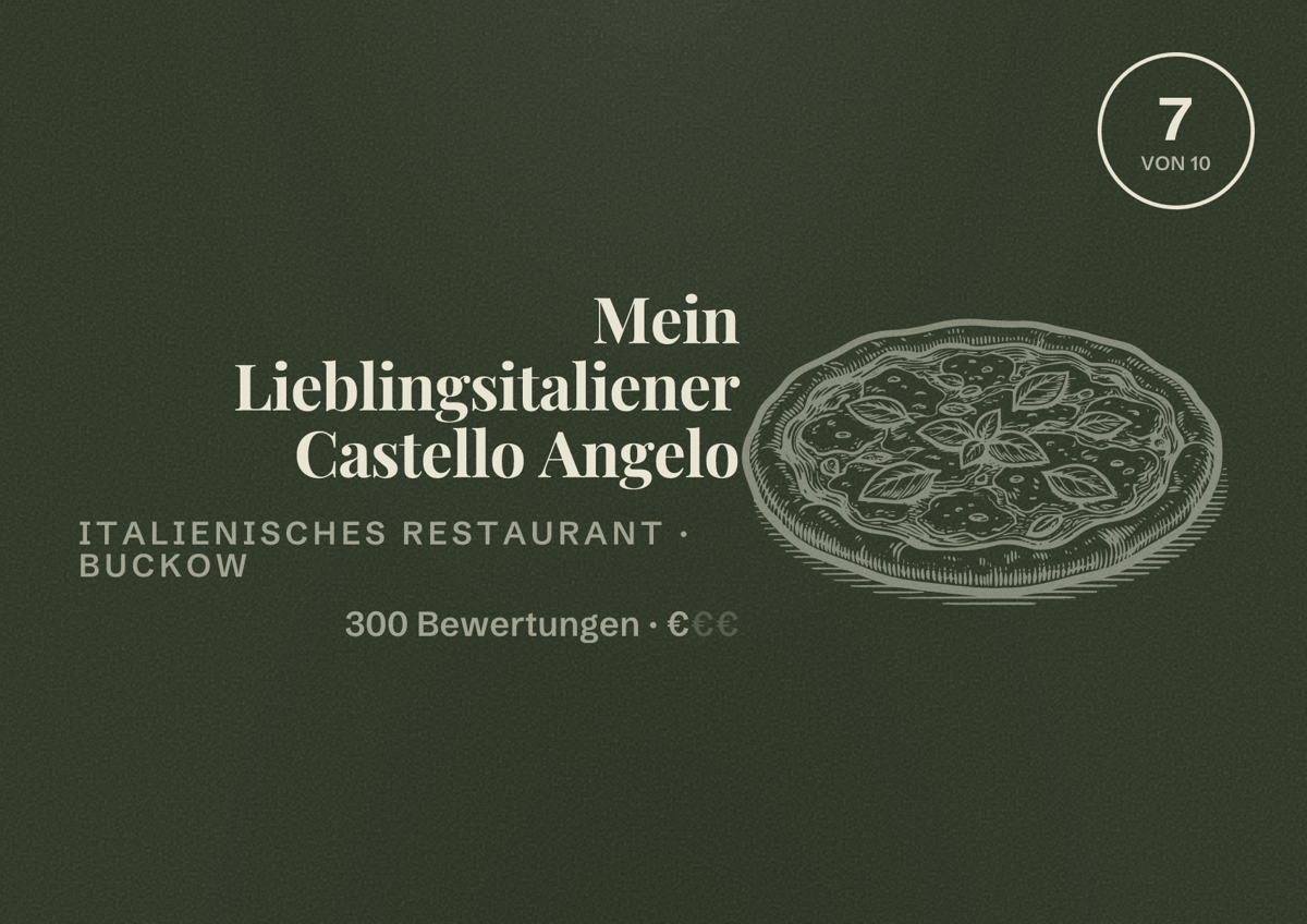 Illustriertes Poster von Mein Lieblingsitaliener Castello Angelo, Italienisches Restaurant in Buckow: Bewertung 7 von 10 aus 300 Bewertungen, Preisniveau €