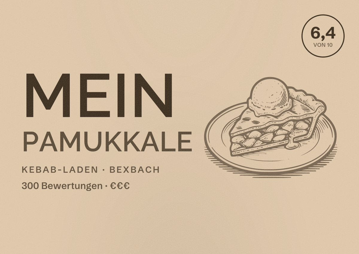 Illustriertes Poster von Mein Pamukkale, Kebab-Laden in Bexbach: Bewertung 6,4 von 10 aus 300 Bewertungen, Preisniveau €€€