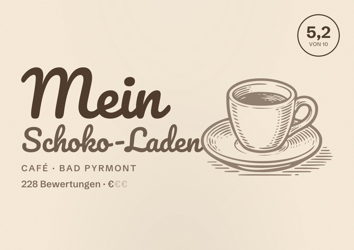 Illustriertes Poster von Mein Schoko-Laden, Café in Bad Pyrmont: Bewertung 5,2 von 10 aus 228 Bewertungen, Preisniveau €