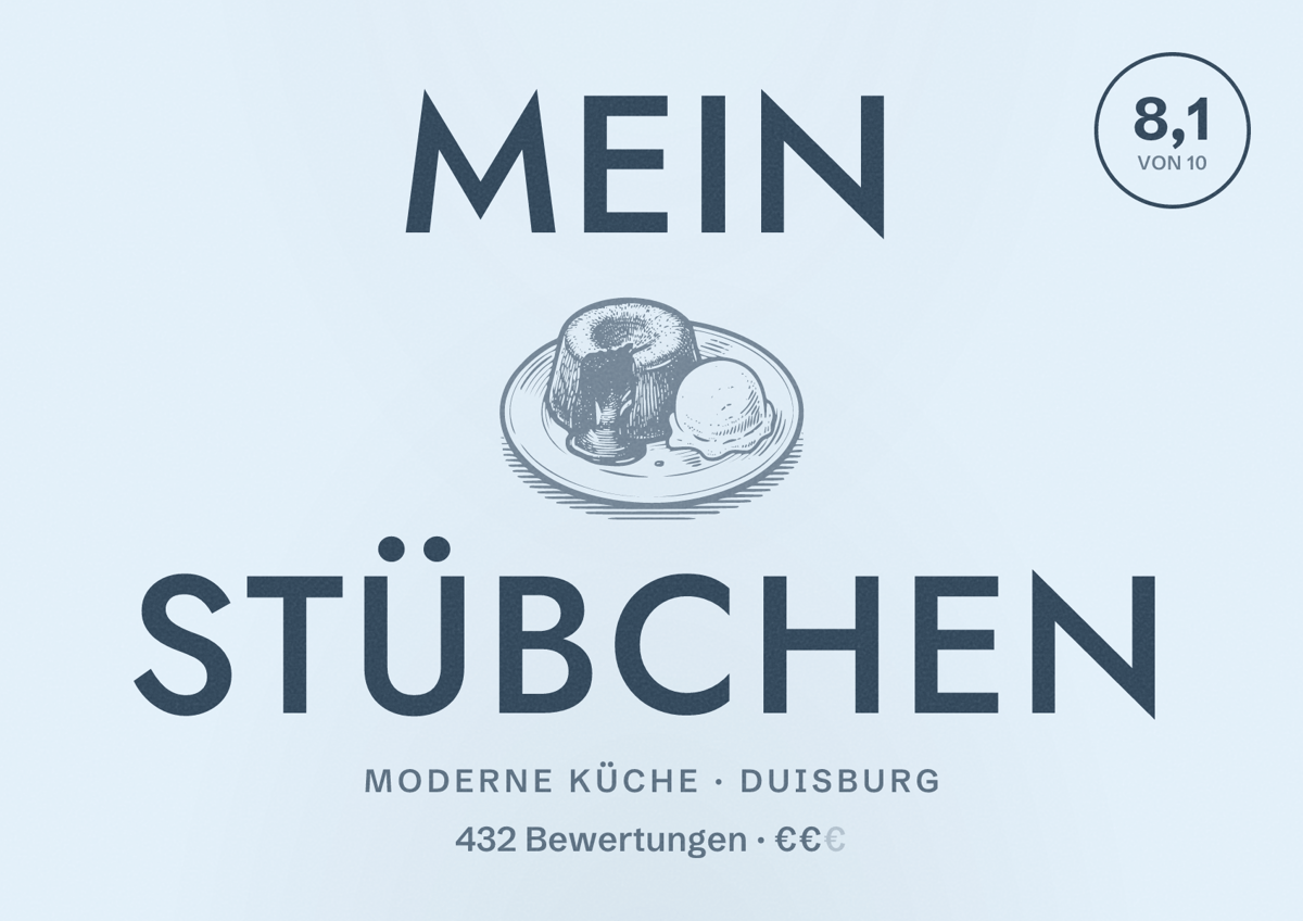 Illustriertes Poster von Mein Stübchen, Moderne Küche in Duisburg: Bewertung 8,1 von 10 aus 432 Bewertungen, Preisniveau €€