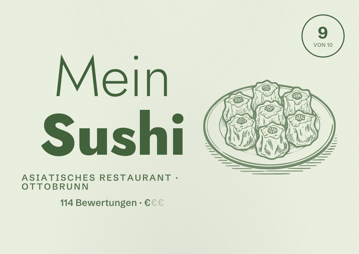 Illustriertes Poster von Mein Sushi, Asiatisches Restaurant in Ottobrunn: Bewertung 9 von 10 aus 114 Bewertungen, Preisniveau €