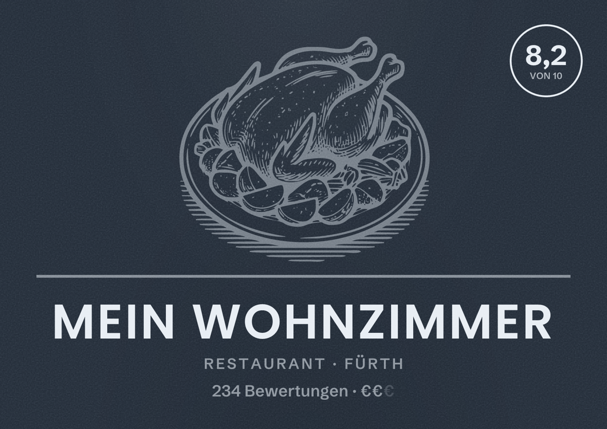 Illustriertes Poster von Mein Wohnzimmer, Restaurant in Fürth: Bewertung 8,2 von 10 aus 234 Bewertungen, Preisniveau €€